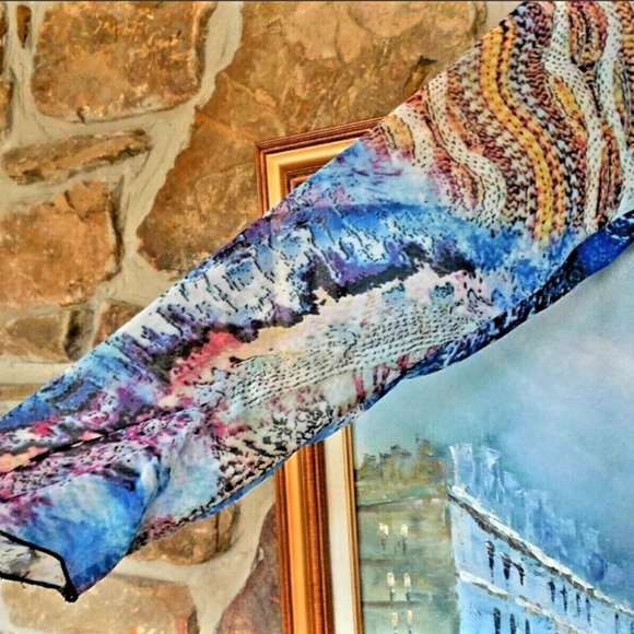 LINEA DOMANI BLUE PRINTED TOP SHEER FRONT LAYER W/BLACK UNDER LINING - Picture 8 of 10